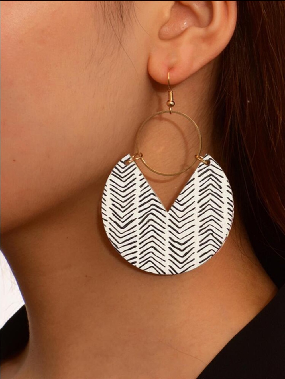 White and Black Patterned Circle Drop Earrings by